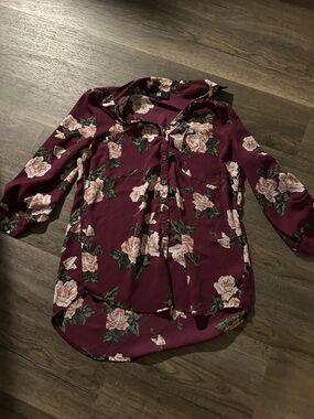 Iz Byer Burgundy Blouse with Pink Rose Print